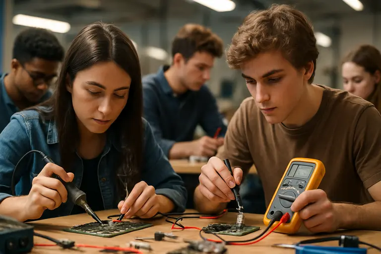 Engineer testing a compact sensor board with probes and a magnet