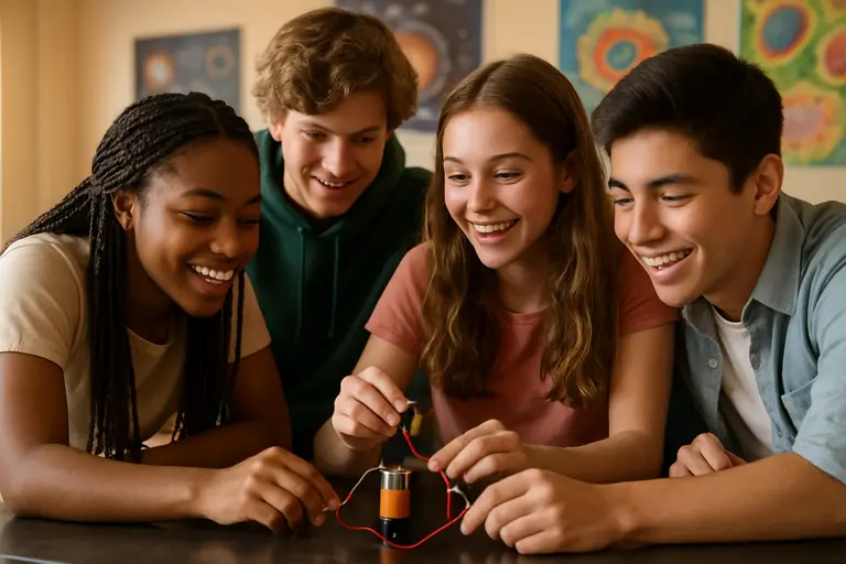 Students compare bead-packing models and graph paper calculations at a classroom table