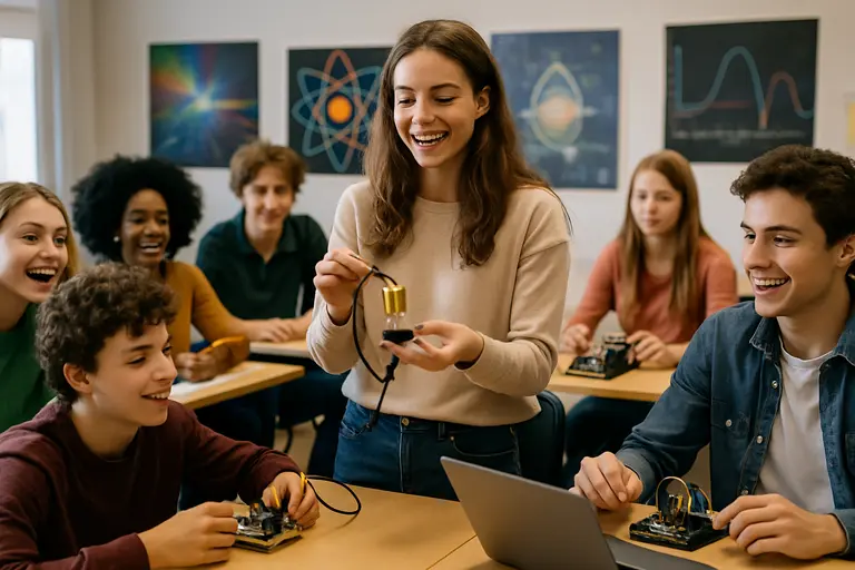 Students discuss sensor careers with an engineer near a classroom whiteboard